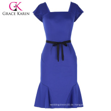 Grace Karin Damen-Kappen-Hülsen-quadratischer Ansatz Hüften-eingewickelte Meerjungfrau Bodycon Frauen-blaues Kleid mit schwarzem Gürtel CL010450-2